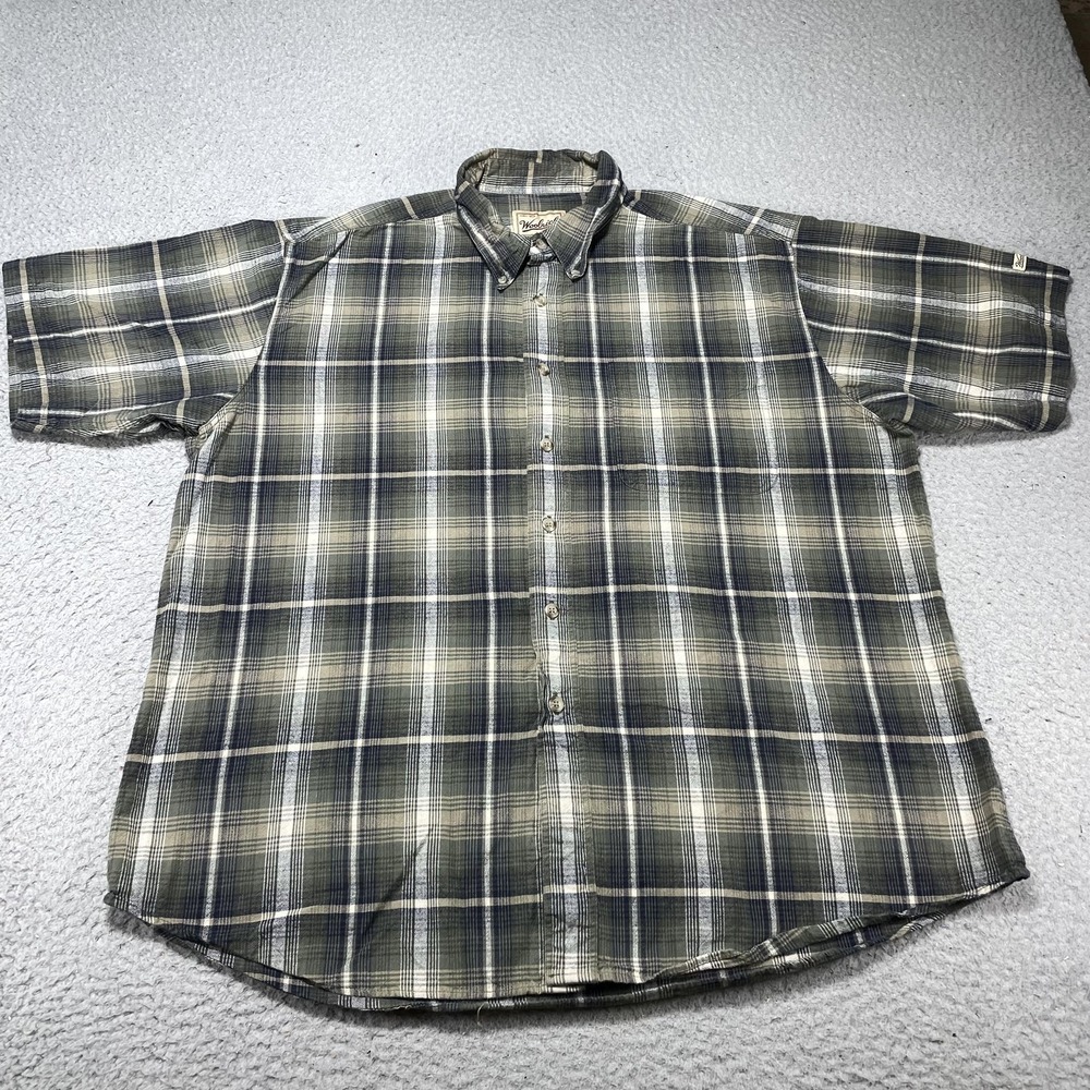 Woolrich‎ Shirt Mens XL Green Plaid Short Sleeve Button Front Outdoor Casual